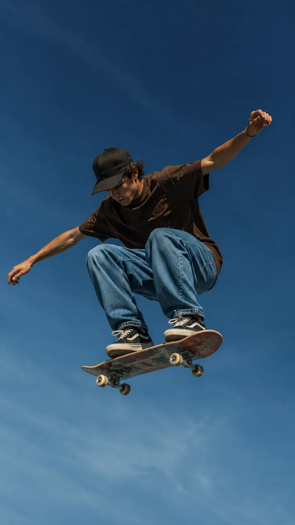 Skater landing a jump over an urban stair set